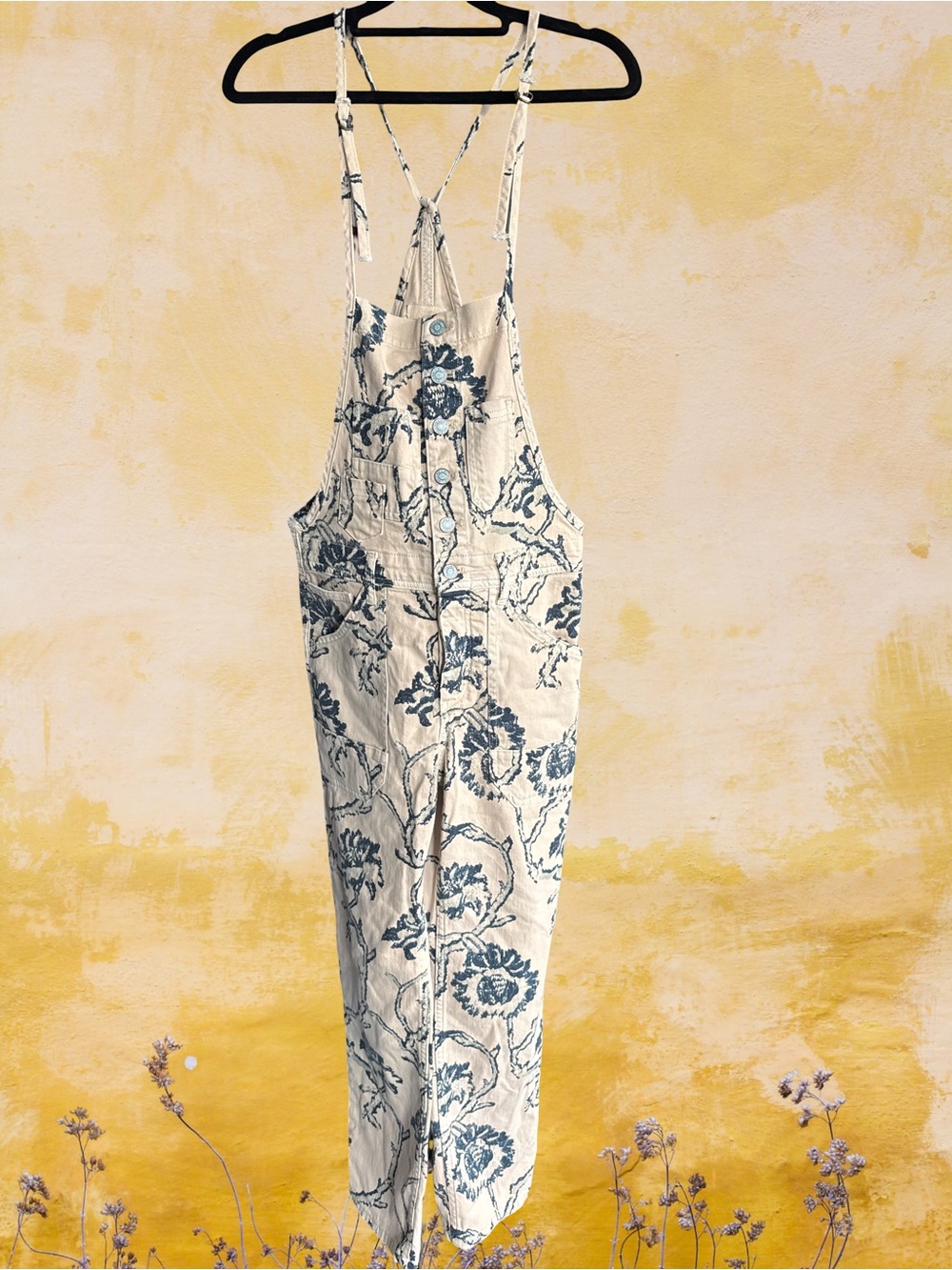 Pilcro Cream with blue floral overalls
